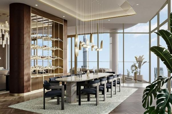 Dining room, Interior, Pendant Lights, Recessed Lighting, Wood Texture Flooring