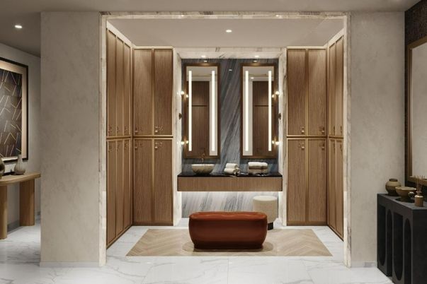 Bathroom, Dual Sink Vanities, Interior, Marble, Recessed Lighting