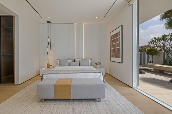 Bedroom, Interior, Recessed Lighting, Wood Texture Flooring