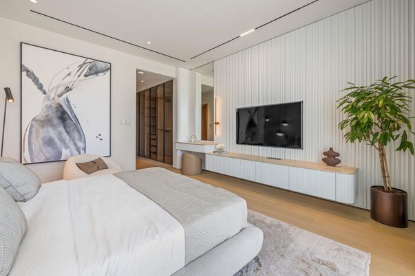 Bedroom, Interior, Recessed Lighting, Wood Texture Flooring