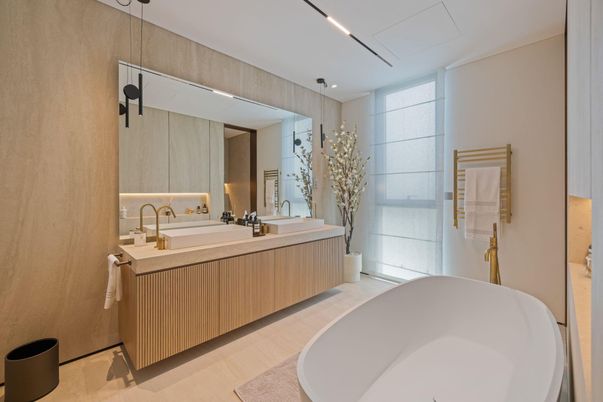 Bathroom, Dual Sink Vanities, Free Standing Baths, Interior, Recessed Lighting, Wood Texture Flooring