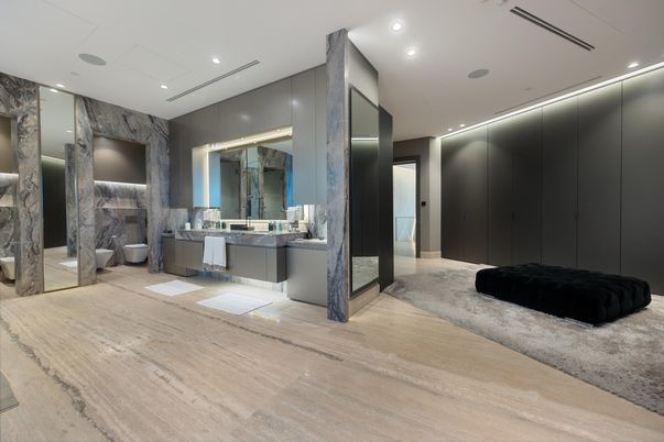 Bathroom, Interior, Recessed Lighting, Wood Texture Flooring
