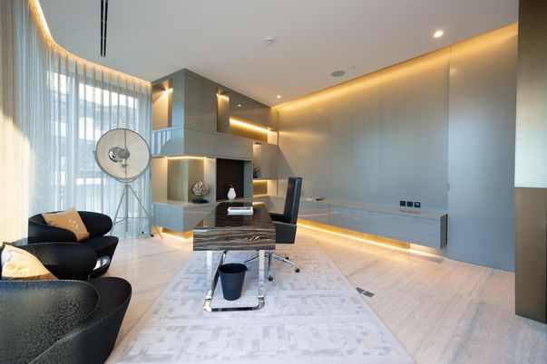 Home Office, Interior, Recessed Lighting, Wood Texture Flooring