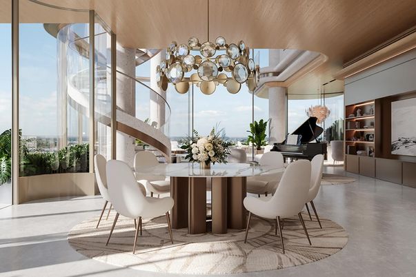 Dining room, Interior, Pendant Lights, Piano, Wood Texture Flooring