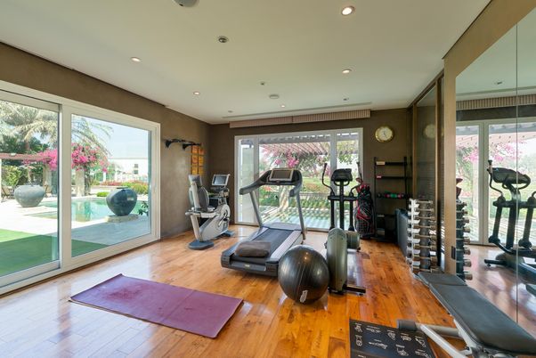 Fitness Equipment, Gym, Interior, Recessed Lighting, Wood Texture Flooring
