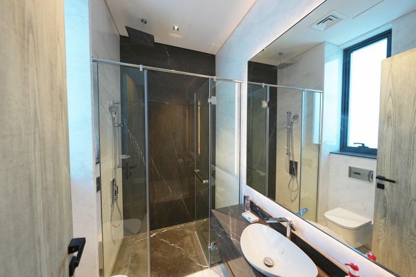 Bathroom, Glass Shower, Interior, Recessed Lighting