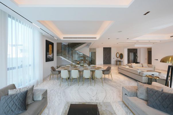 Dining room, Interior, Living room, Marble, Recessed Lighting