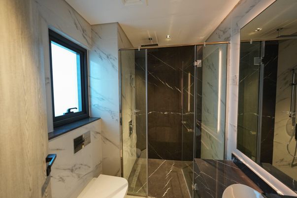 Bathroom, Glass Shower, Interior, Marble Walls, Recessed Lighting