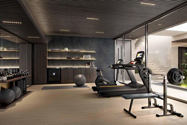 Fitness Equipment, Interior, Recessed Lighting, Wood Texture Flooring