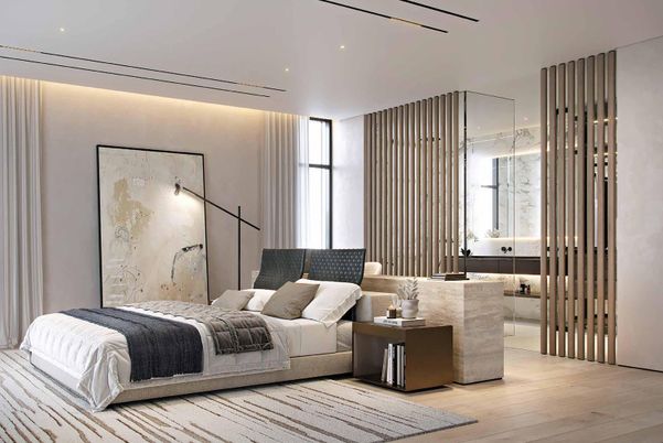 Bedroom, Interior, Recessed Lighting, Wood Texture Flooring