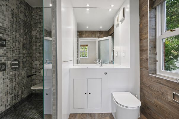 Bathroom, Glass Shower, Interior, Recessed Lighting, Wood Texture Flooring