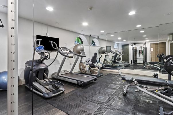 Fitness Equipment, Gym, Interior, Recessed Lighting, Wood Texture Flooring