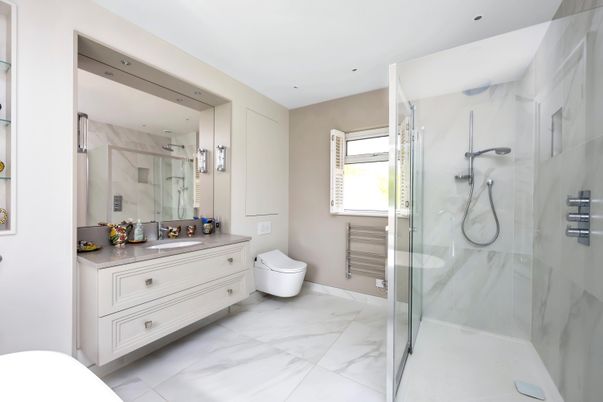 Bathroom, Glass Shower, Interior, Marble, Marble Walls, Recessed Lighting