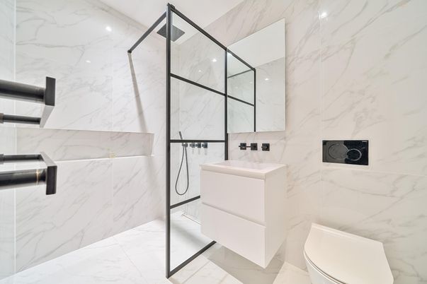 Bathroom, Glass Shower, Interior, Marble, Marble Walls, Recessed Lighting