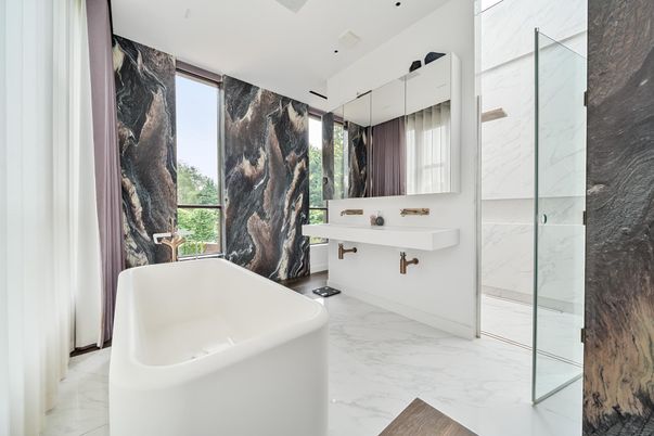 Bathroom, Free Standing Baths, Glass Shower, Interior, Marble, Marble Walls