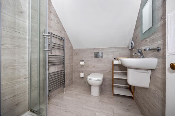 Bathroom, Glass Shower, Interior, Wood Texture Flooring, Wooden Walls