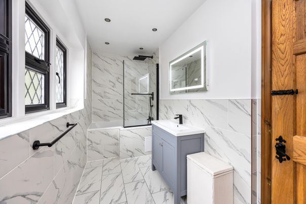 Bathroom, Glass Shower, Interior, Marble, Marble Walls, Recessed Lighting