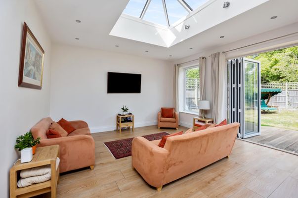 Glass Ceilings, Interior, Living room, Recessed Lighting, Sun Room, Wood Texture Flooring
