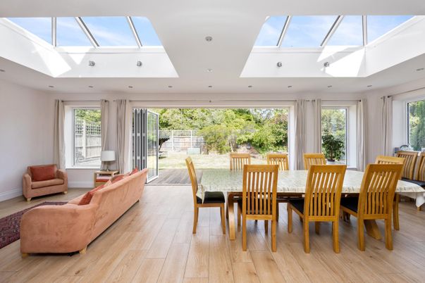 Dining room, Glass Ceilings, Interior, Recessed Lighting, Sun Room, Wood Texture Flooring
