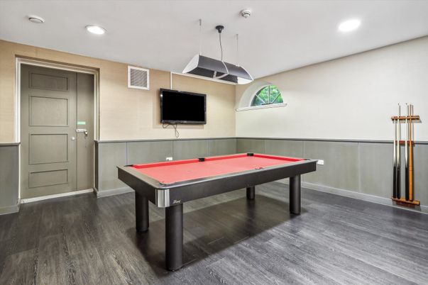 Billiard Table, Game Room, Interior, Pendant Lights, Recessed Lighting, Wood Texture Flooring