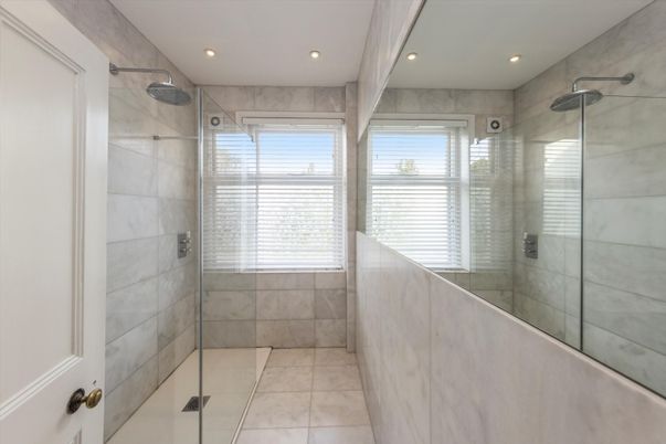 Bathroom, Glass Shower, Interior, Marble Walls, Recessed Lighting