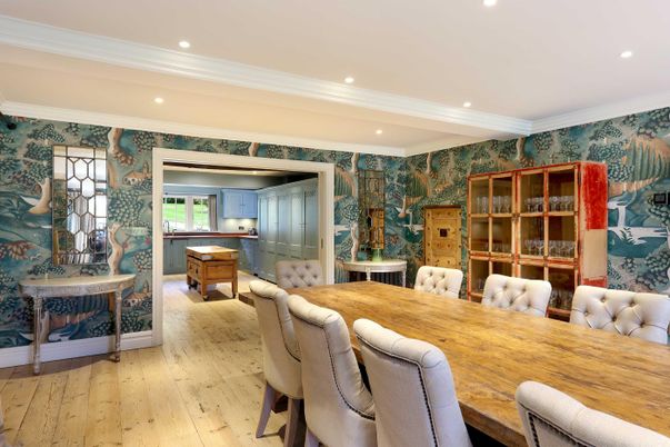 Dining room, Interior, Recessed Lighting, Wood Texture Flooring