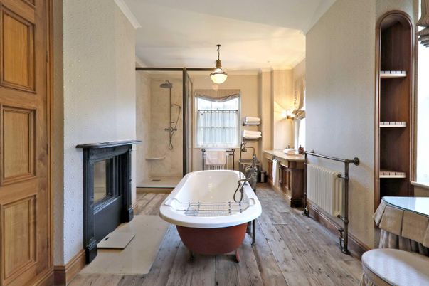 Bathroom, Fireplace, Free Standing Baths, Interior, Wood Texture Flooring