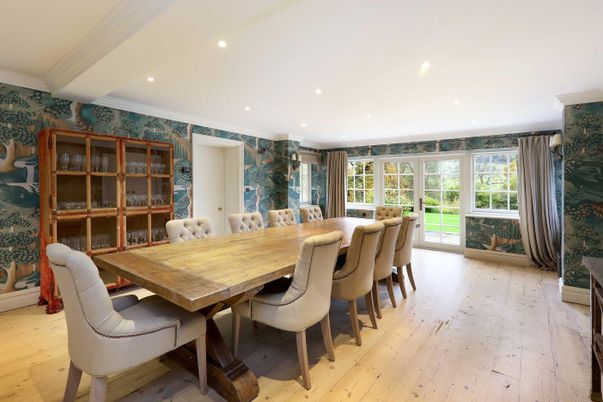 Dining room, Interior, Recessed Lighting, Wood Texture Flooring