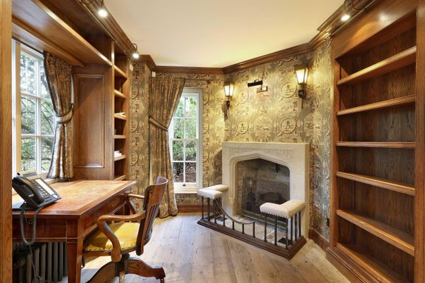 Fireplace, Home Office, Interior, Recessed Lighting, Wood Texture Flooring