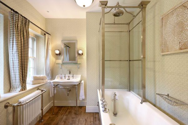 Bathroom, Glass Shower, Interior, Wood Texture Flooring