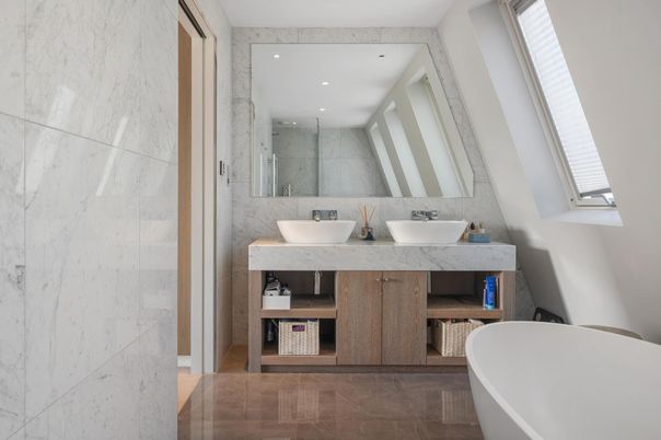 Bathroom, Dual Sink Vanities, Free Standing Baths, Interior, Marble Walls, Recessed Lighting