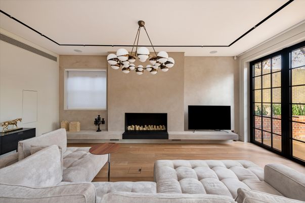 Fireplace, Interior, Living room, Pendant Lights, Wood Texture Flooring