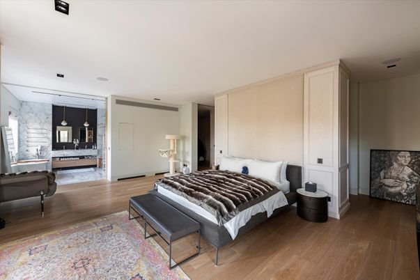 Bedroom, Interior, Pendant Lights, Wood Texture Flooring