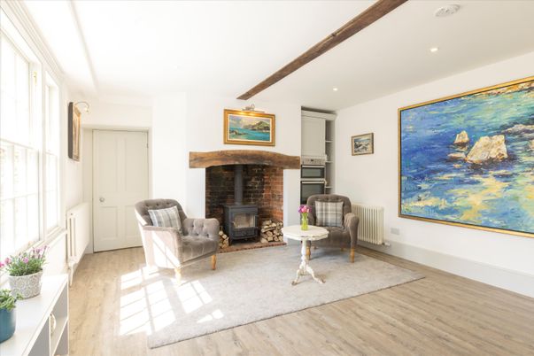 Fireplace, Interior, Recessed Lighting, Wooden Beams, Wood Texture Flooring