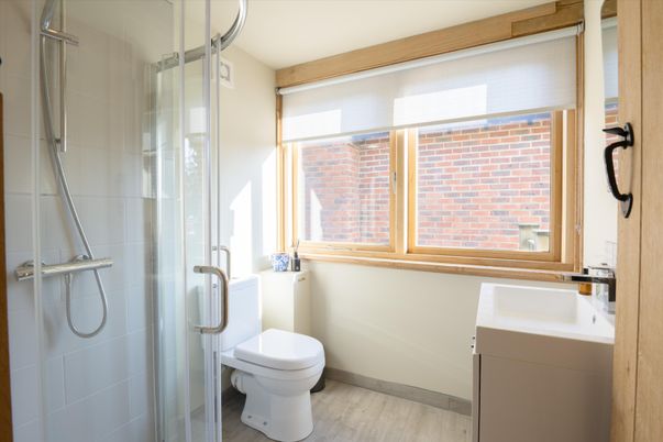 Bathroom, Glass Shower, Interior, Wood Texture Flooring
