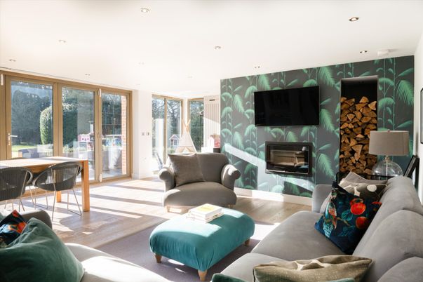Fireplace, Interior, Living room, Recessed Lighting, Wood Texture Flooring