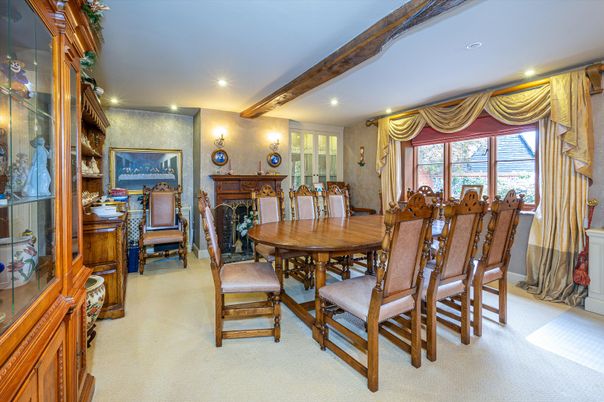 Dining room, Fireplace, Interior, Recessed Lighting, Wooden Beams