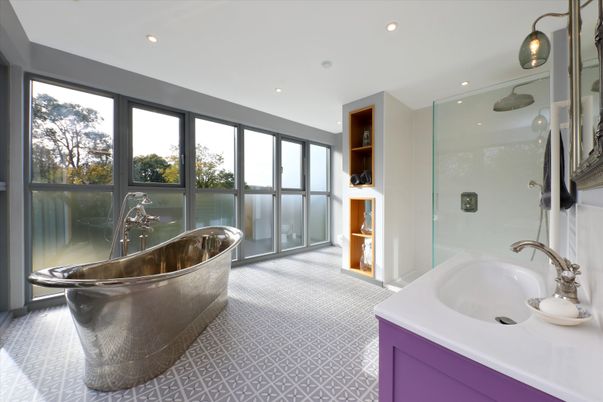 Bathroom, Free Standing Baths, Glass Shower, Interior, Recessed Lighting