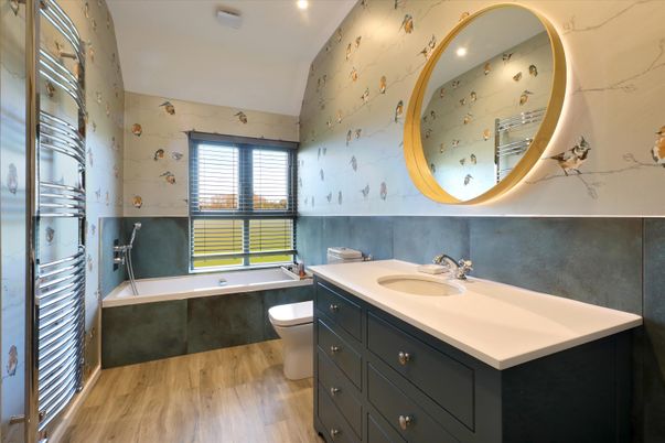 Bathroom, Dual Sink Vanities, Interior, Recessed Lighting, Wood Texture Flooring