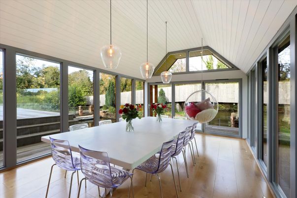 Dining room, Interior, Pendant Lights, Sun Room, Wood Texture Flooring