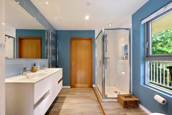 Bathroom, Glass Shower, Interior, Recessed Lighting, Wood Texture Flooring