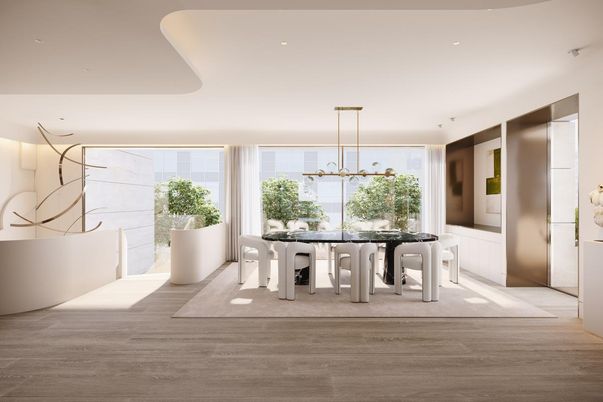 Dining room, Interior, Pendant Lights, Recessed Lighting, Wood Texture Flooring