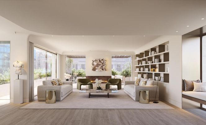 Fireplace, Interior, Living room, Recessed Lighting, Wood Texture Flooring