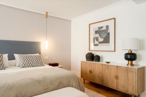 Bedroom, Interior, Pendant Lights, Wood Texture Flooring