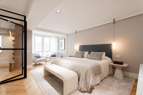 Bedroom, Interior, Pendant Lights, Recessed Lighting, Wood Texture Flooring