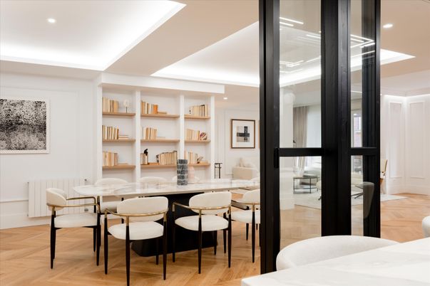 Dining room, Interior, Recessed Lighting, Wood Texture Flooring