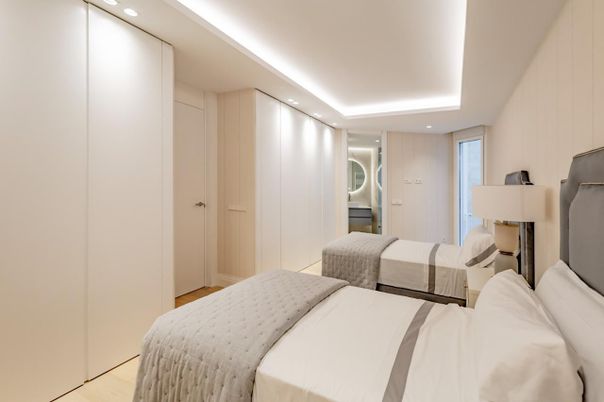 Bedroom, Interior, Recessed Lighting, Wood Texture Flooring