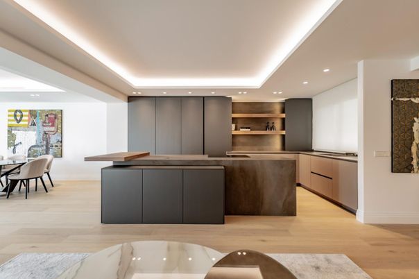 Dining room, Interior, Recessed Lighting, Wood Texture Flooring