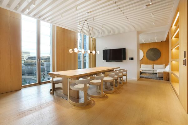 Dining room, Interior, Living room, Pendant Lights, Wood Texture Flooring