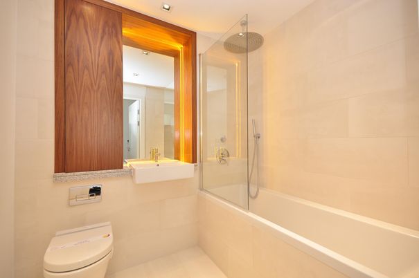 Bathroom, Glass Shower, Interior, Recessed Lighting